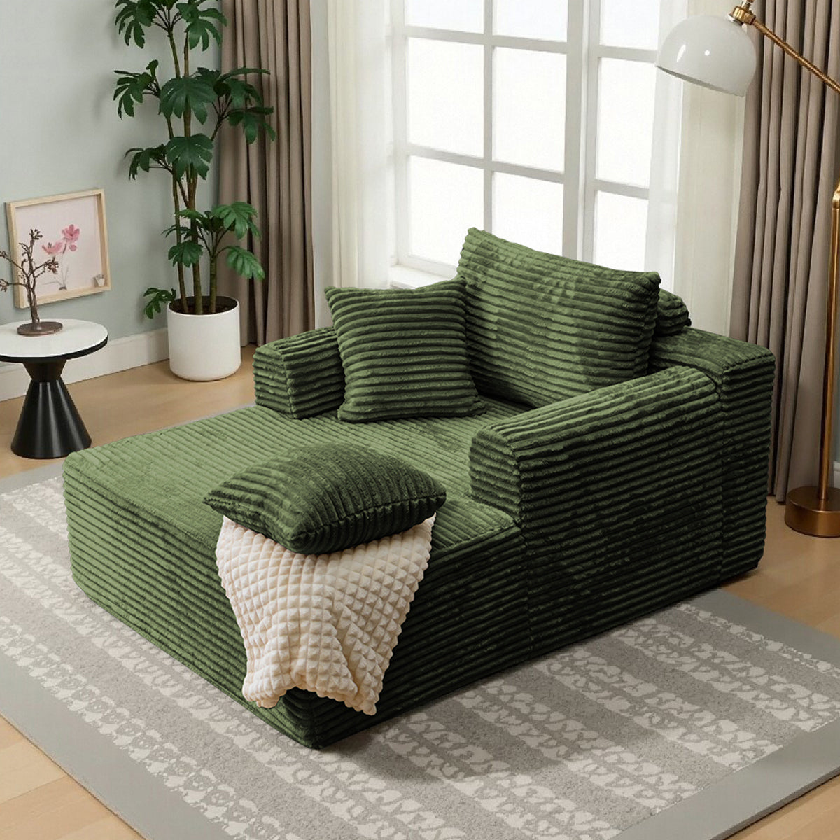 Oversized Chaise Lounge Chair Indoor, Upholstered Corduroy Sleeper Sofa Chair Boneless Couch with 2 Pillows, Comfy Cloud Couch for Living Room, No Assembly Required, Green 3 Colors
