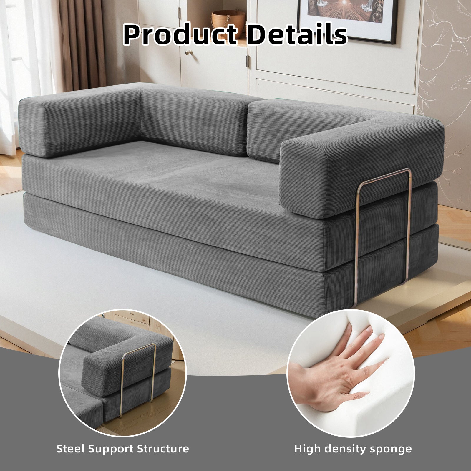 78.7" Convertible Modular Sofa Bed, Oversized Corduroy Cloud Couch, Folding Sleeper Sofa for Living Room, Bedroom & Guest Room Light Gray 4 Colors