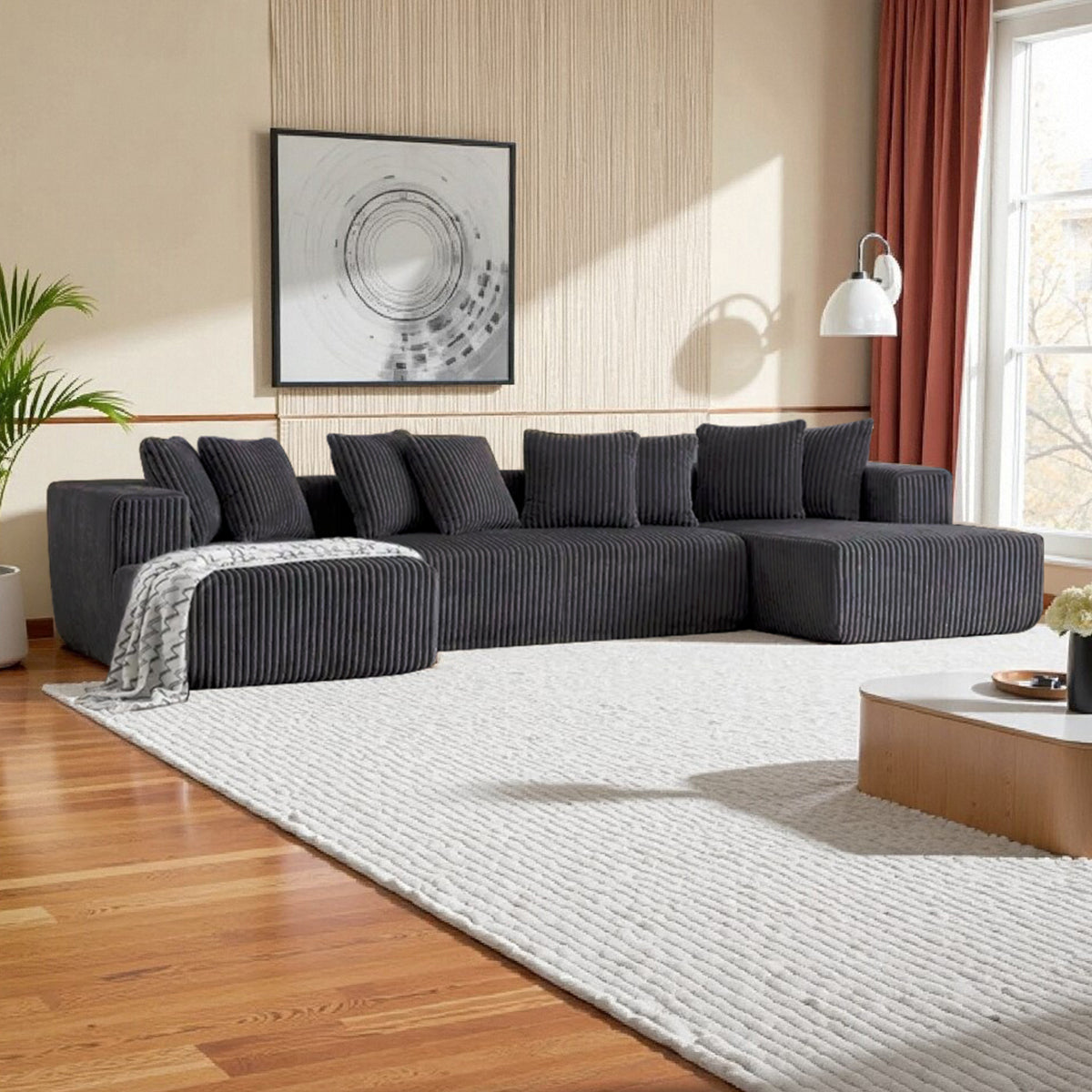 132 Inch Cloud Sectional Couch with L-Shape Chaise,Modern Upholstered Couches with Deep Seat,Corduroy Sponge Compressed Sofa for Living Room, Bedroom,No Assembly Required (Dark Gray, U-Shaped Sofa)