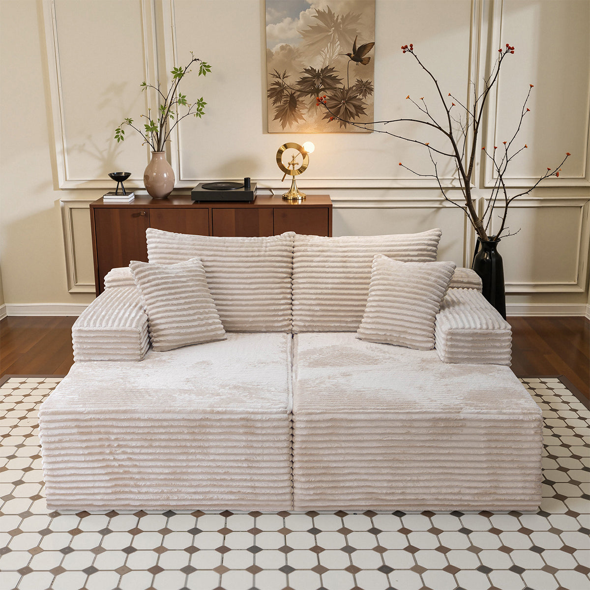 73" W X 67" DOversized Double Chaise Lounge, Boneless Cloud Sectional Couch with 6 Pillows, Comfy Plush Corduroy Sofa Bed, Loveseat Sleeper Chair for Living Room Bedroom Reading, Beige