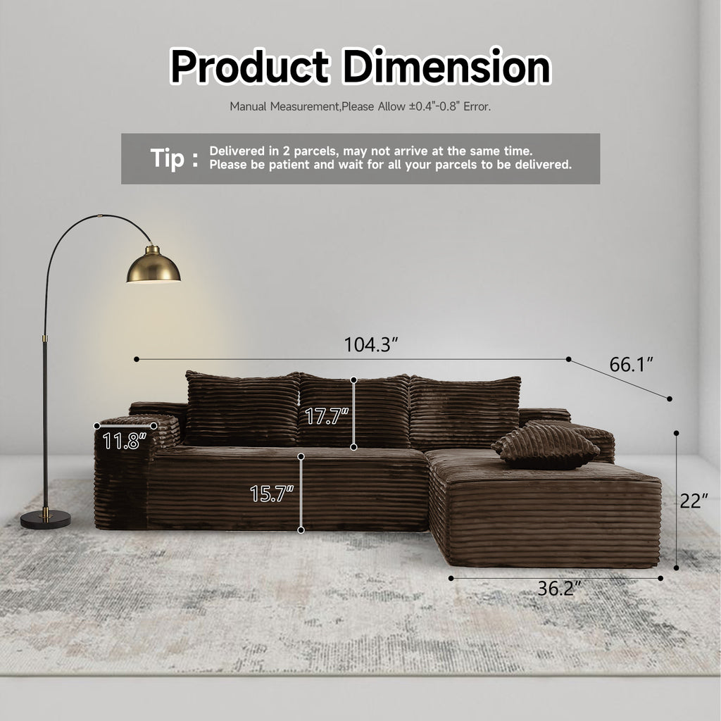104" Boneless Cloud Sectional Couches for Living Room, Comfy Fluffy L Shaped Memory Foam Deep Seat Boneless Couch, Modular Sectional Sofa with Left Facing Chaise, Coffee