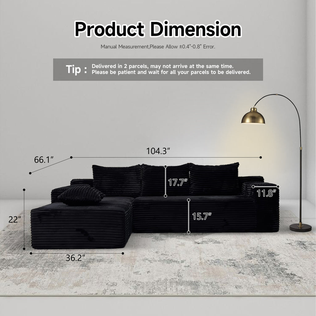 104" Boneless Cloud Sectional Couches for Living Room, Comfy Fluffy L Shaped Memory Foam Deep Seat Boneless Couch, Modular Sectional Sofa with Left Facing Chaise, Black