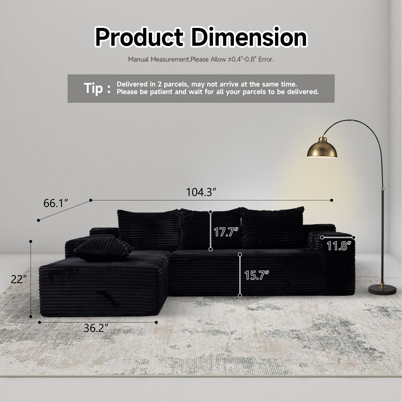 104" Boneless Cloud Sectional Couches for Living Room, Comfy Fluffy L Shaped Memory Foam Deep Seat Boneless Couch, Modular Sectional Sofa with Left Facing Chaise, Black