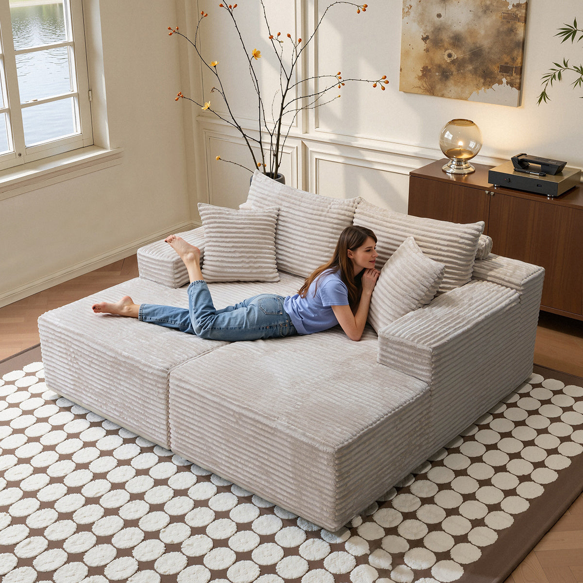 73" W X 67" DOversized Double Chaise Lounge, Boneless Cloud Sectional Couch with 6 Pillows, Comfy Plush Corduroy Sofa Bed, Loveseat Sleeper Chair for Living Room Bedroom Reading, Beige